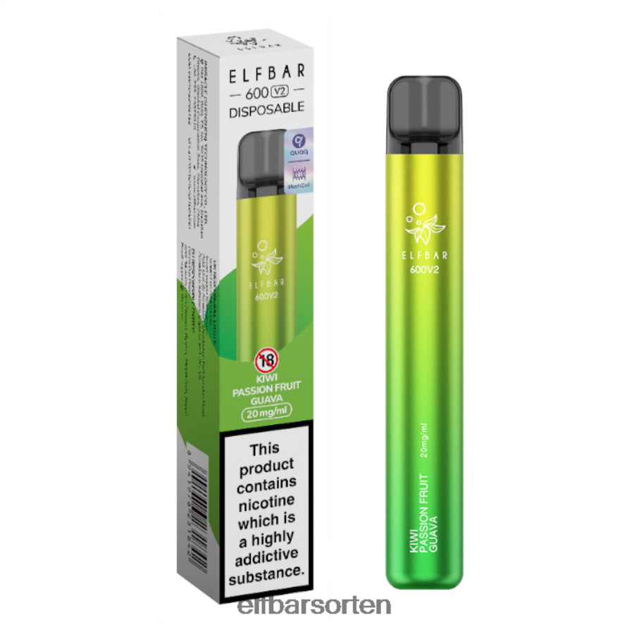 Elfbar 600v2 Einweg-Vaporizer – 20 mg Kiwi, Passionsfrucht, Guave - ELF BAR Sorten Nikotinfrei 6N80NB12