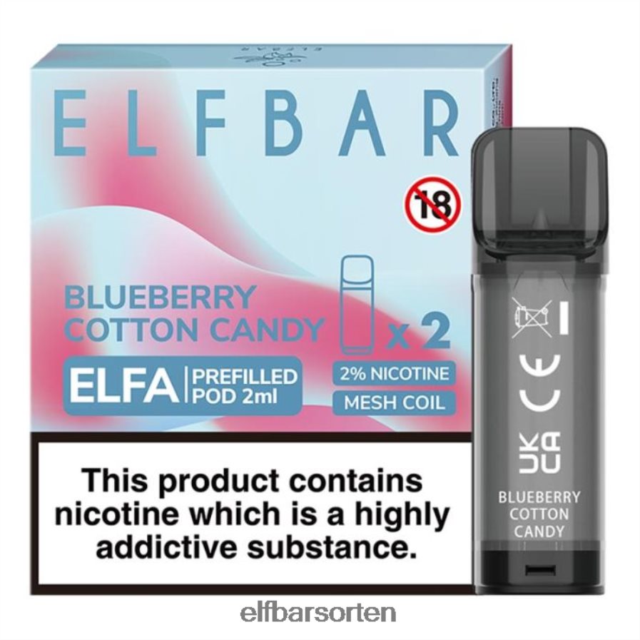 Elfbar Elfa vorgefüllte Kapsel – 2 ml – 20 mg (2er-Pack) Blaubeer-Zuckerwatte - ELF BAR Sorten Ohne Nikotin 6N80NB124